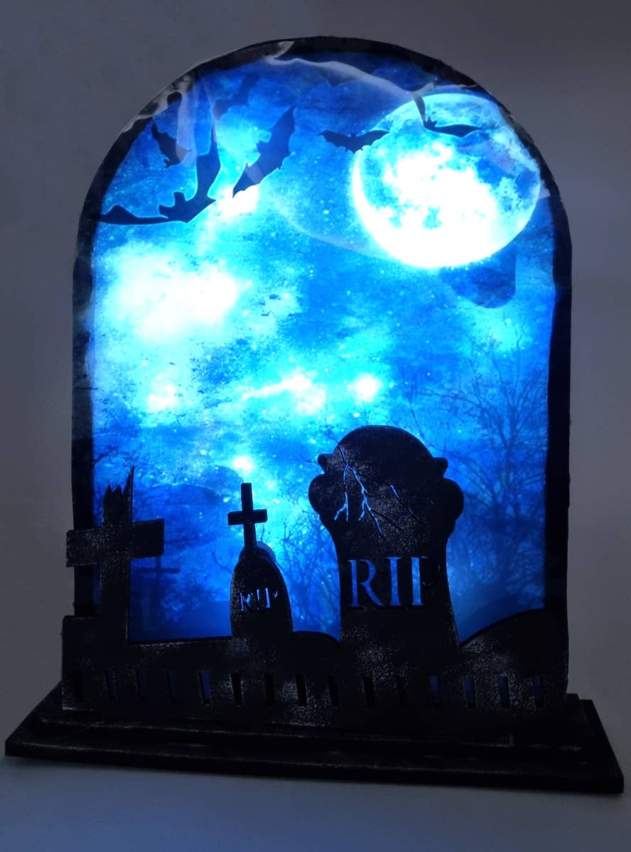 Image of Moonlit Graveyard and Bats Tombstone with Lights and Sound - Lit Image