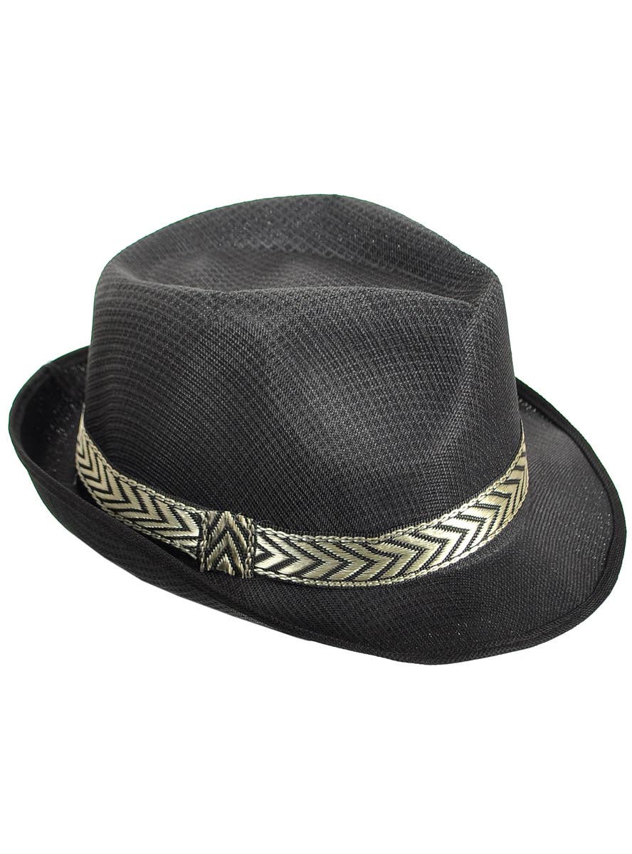 Image of Woven Black Fedora Costume Hat with Gold Band - Alternate Image