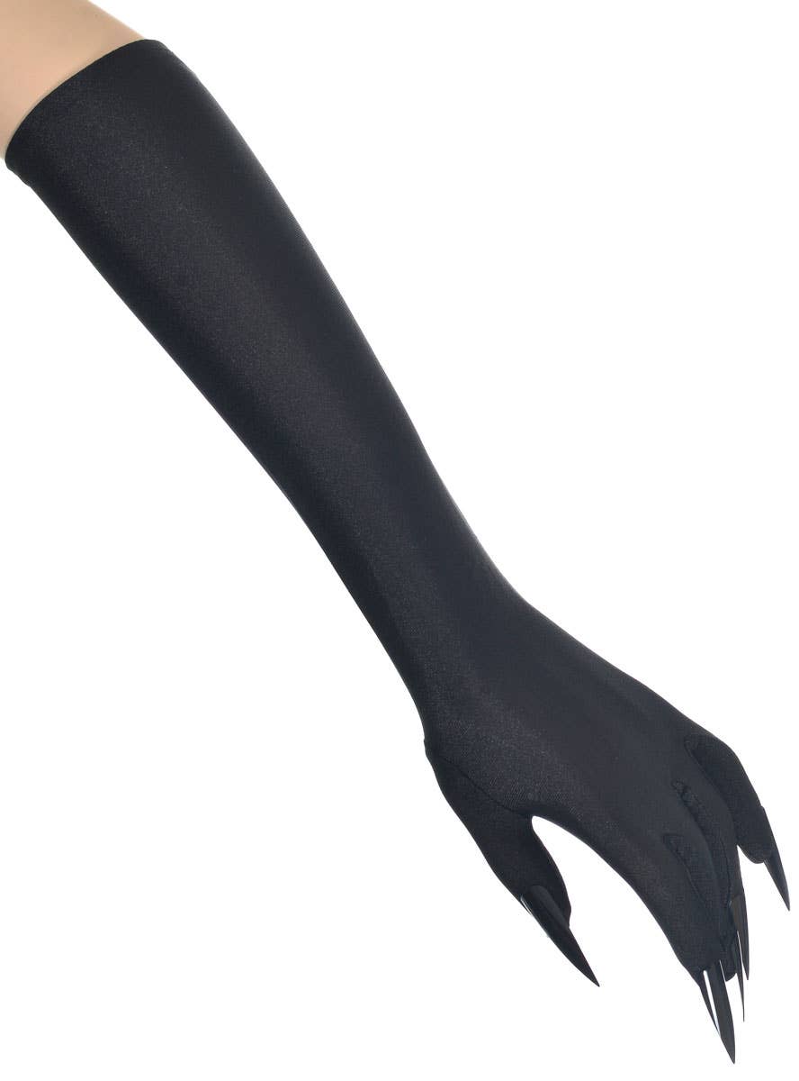 Image of Long Black Witch Gloves with Nails Halloween Accessory