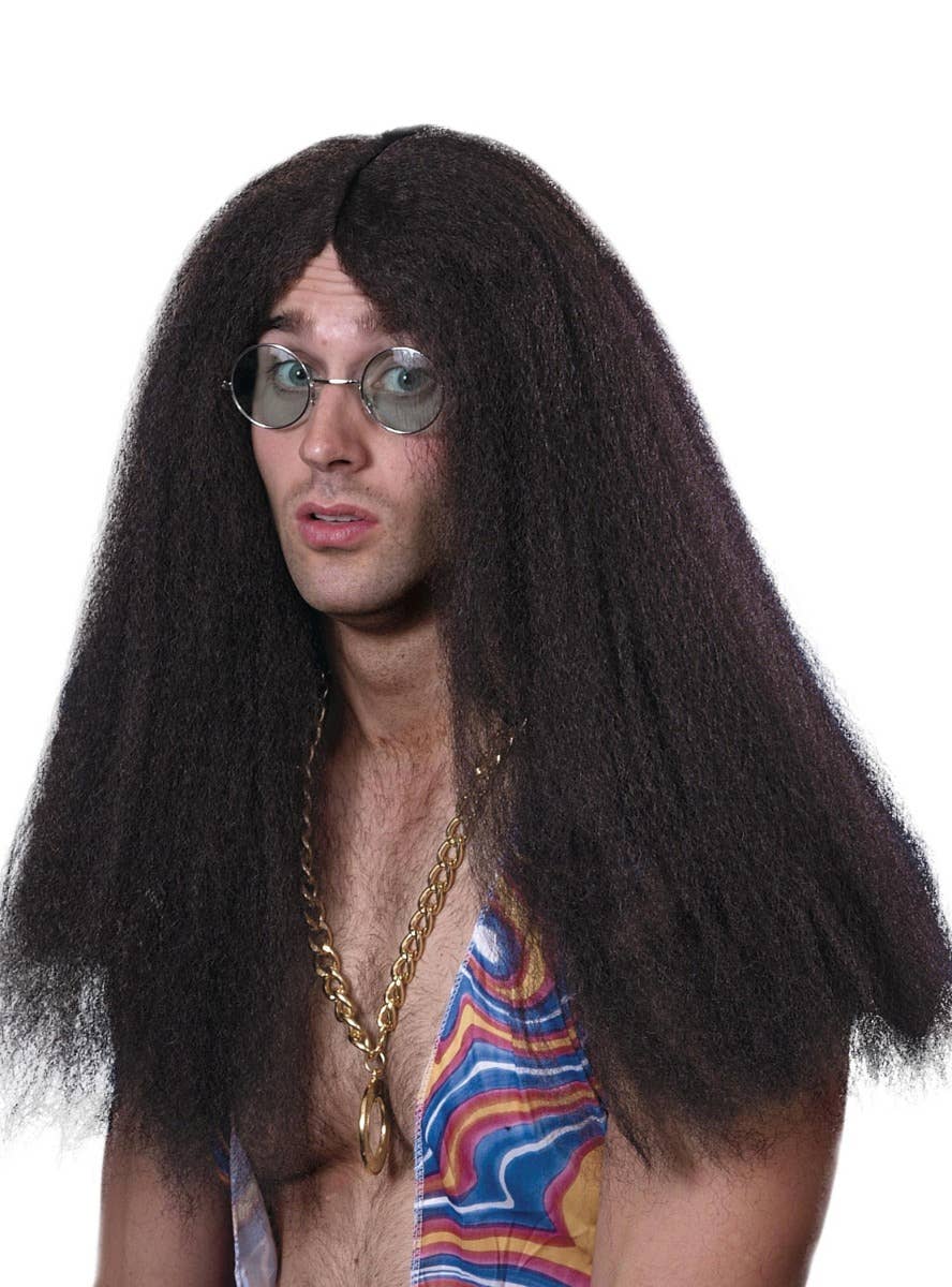 Long Black Men's 60s Crimped Retro Hippy Costume Wig - Alternative Image