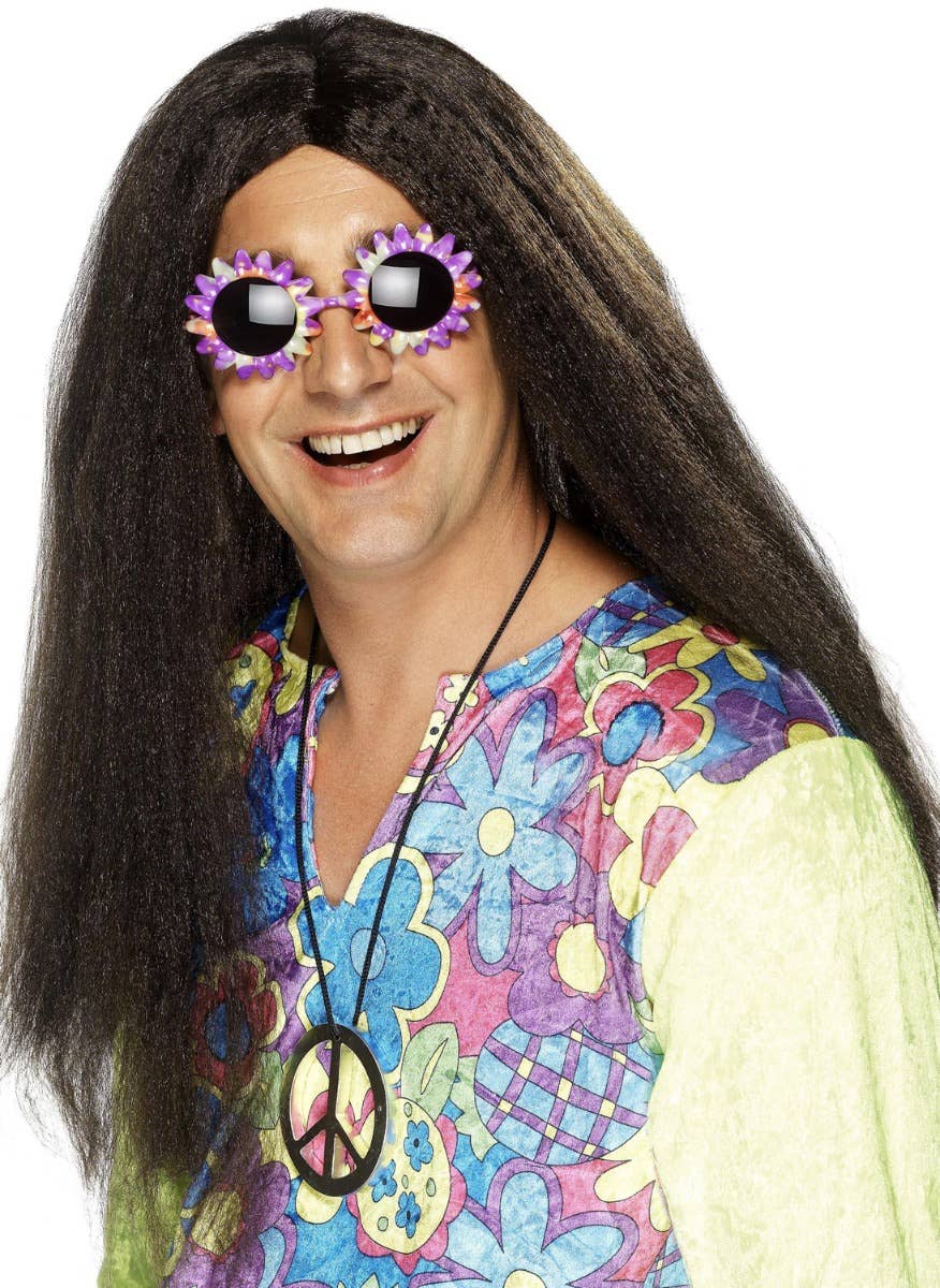 Long Black Men's 60s Crimped Retro Hippy Costume Wig - Main Image