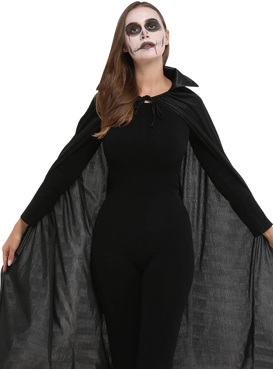 Image of Mid-Length Black Halloween Cape with Collar - Close Up Image