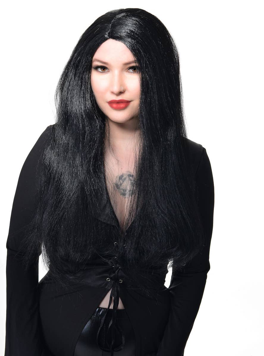 Image of Long Black Morticia Women's Halloween Costume Wig - Alternate Image