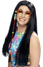 Women's Long Black 70s Hippie Costume Wig With Beads