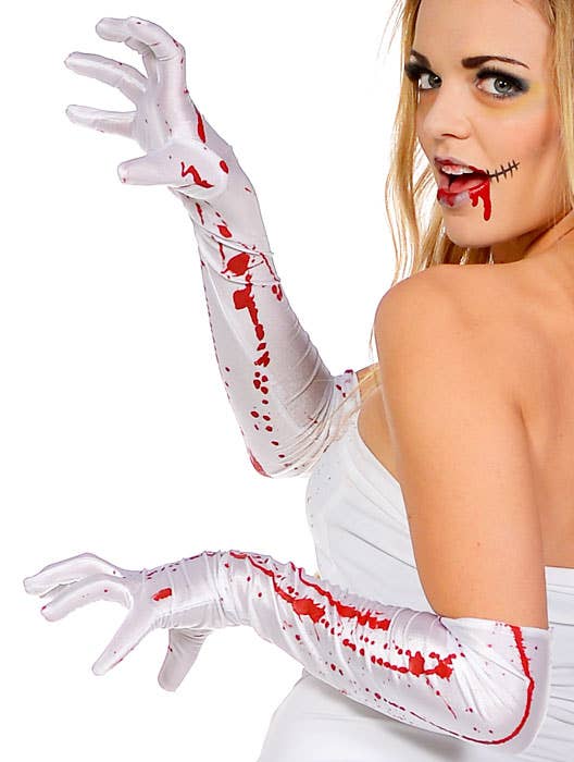 Long White Blood Splattered Halloween Costume Gloves