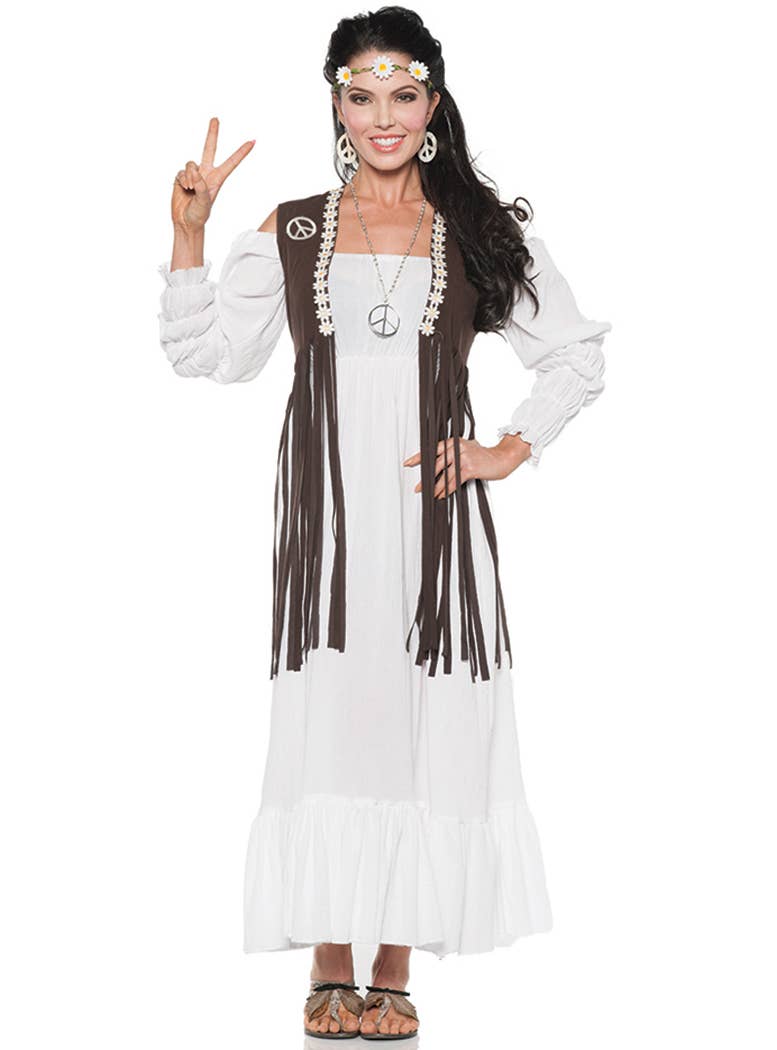 Womens 60s Brown Faux Suede Fringe Hippie Costume Vest - Full Image