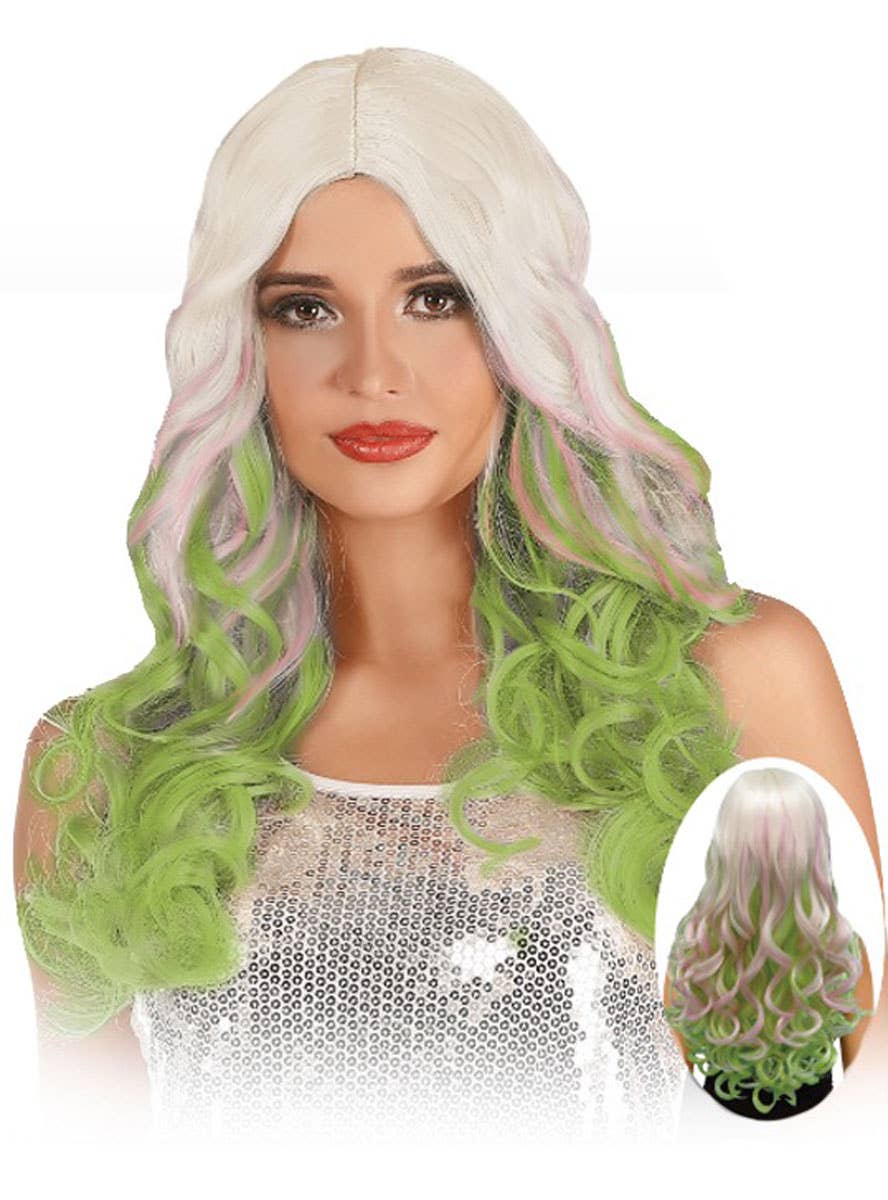 Image of Curly Blonde and Green Ombre Women's Costume Wig