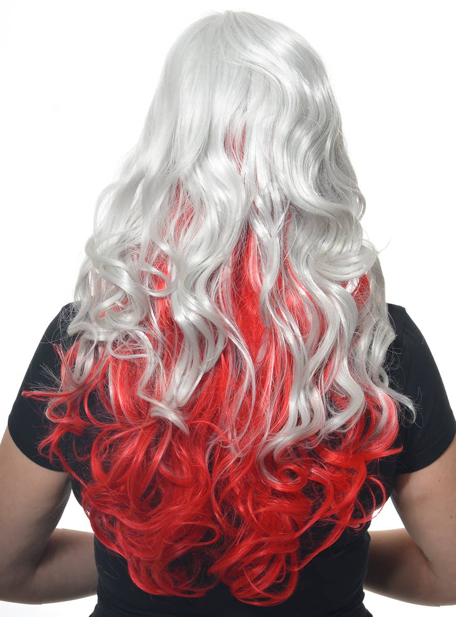 Image of Deluxe Long Curly Grey and Red Women's Costume Wig - Back View