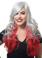 Image of Deluxe Long Curly Grey and Red Women's Costume Wig - Front View