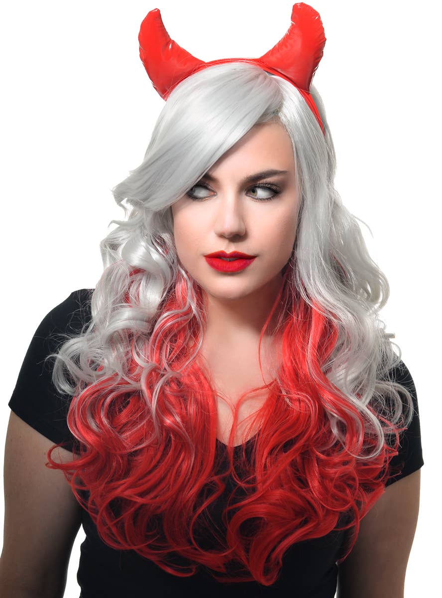 Image of Deluxe Long Curly Grey and Red Women's Costume Wig - Alternate Front View 1