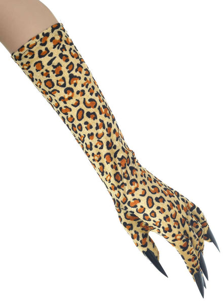 Image of Long Velvet Leopard Print Costume Gloves with Black Nails