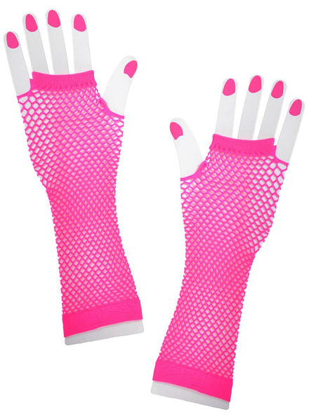 Image of Neon Pink 1980s Mid Length Fishnet Costume Gloves