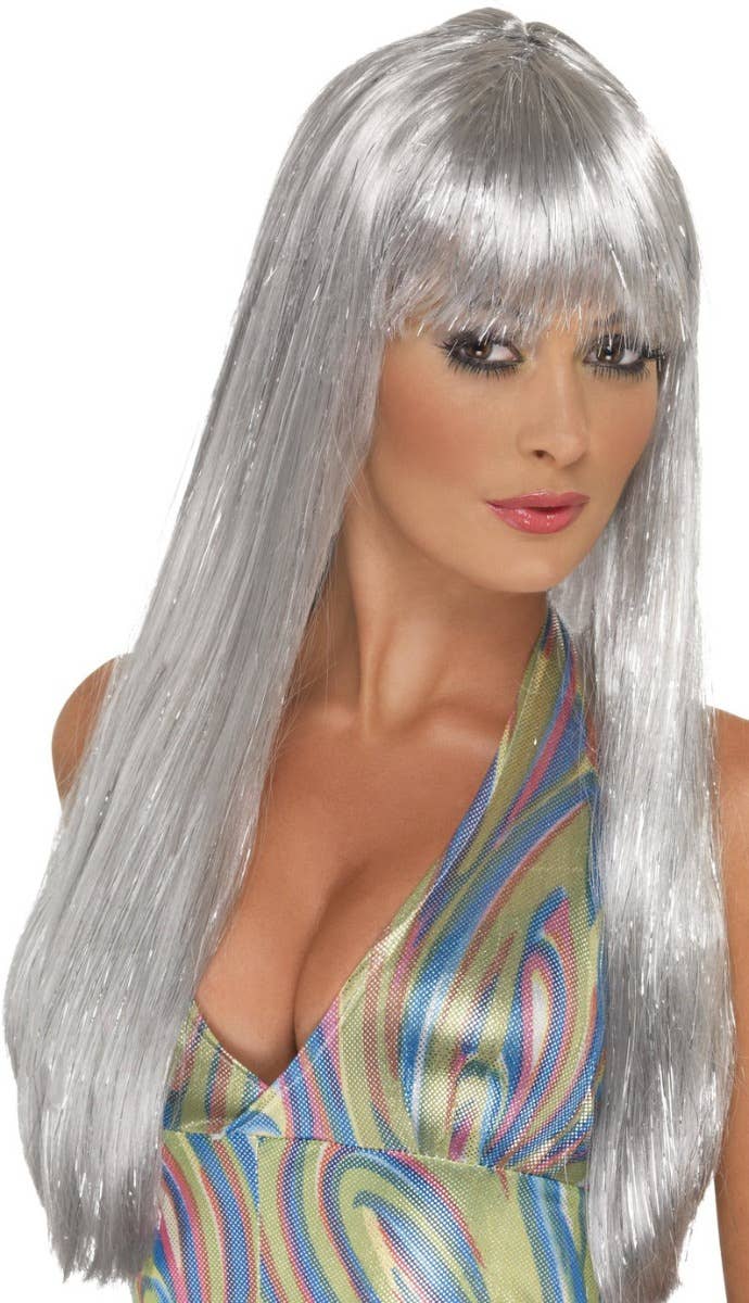 Women's Long Grey With Silver Tinsel Disco Costume Wig