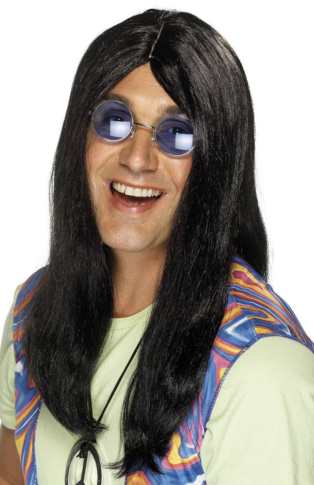 Long Black Hippie Men's 1960's Costume Wig 