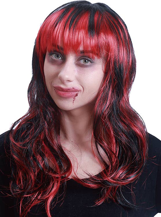 Image of Wavy Red and Black Women's Halloween Costume Wig with Fringe