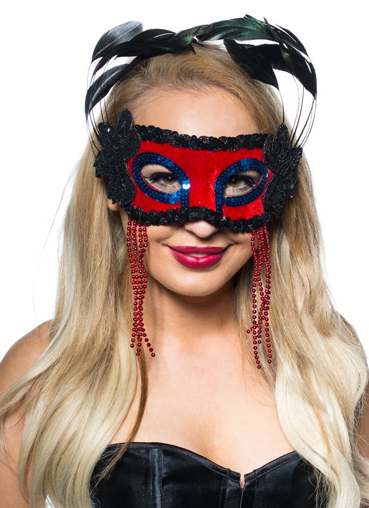 Red And Black Side Feather Women's Masquerade Mask View 3