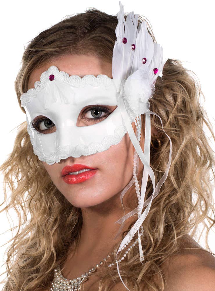 Masquerade Ball Women's White Mask with Feathers - Side View