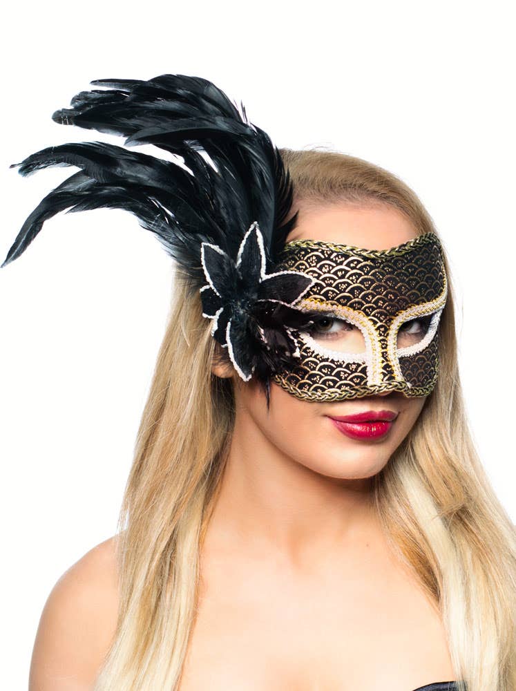 Women's Gold Side Feather Masquerade Mask Alternative Image