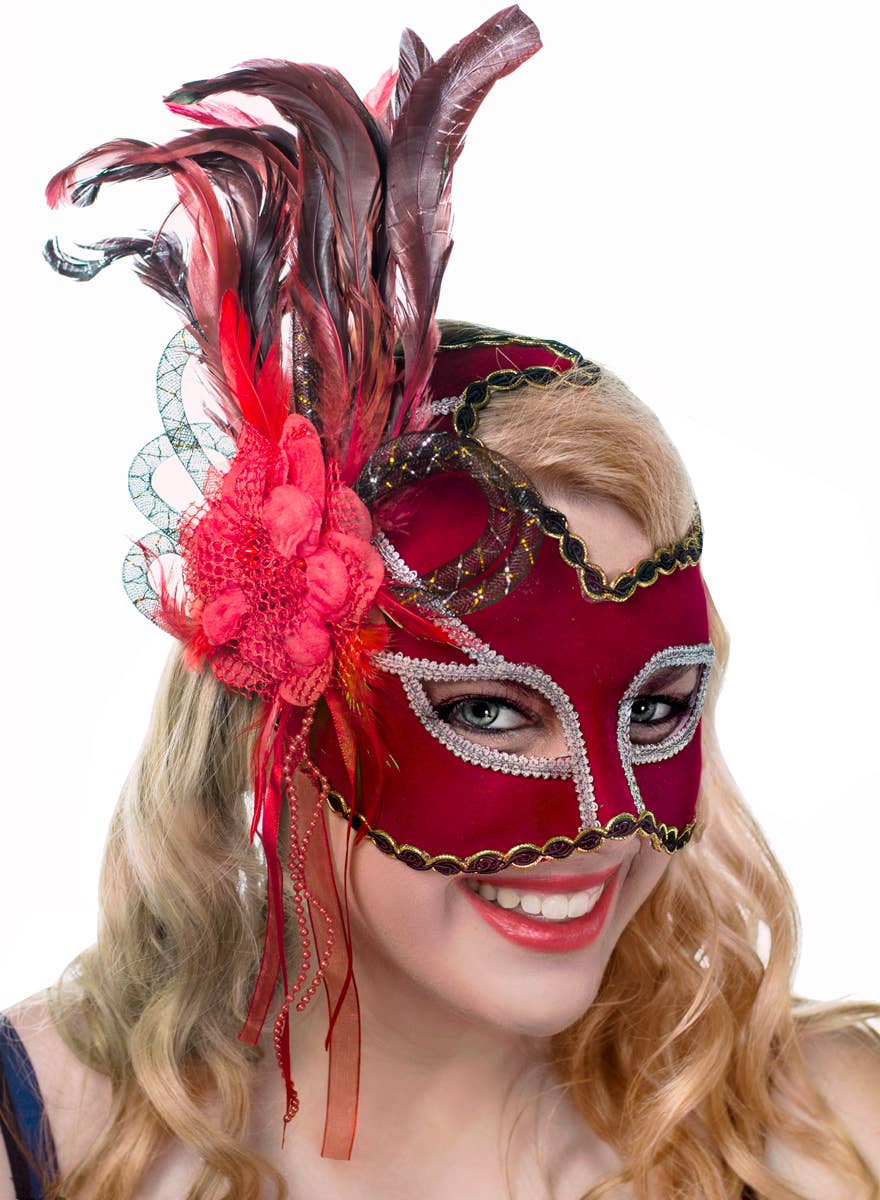 Red Velvet Masquerade Mask With Side Feathers View 3