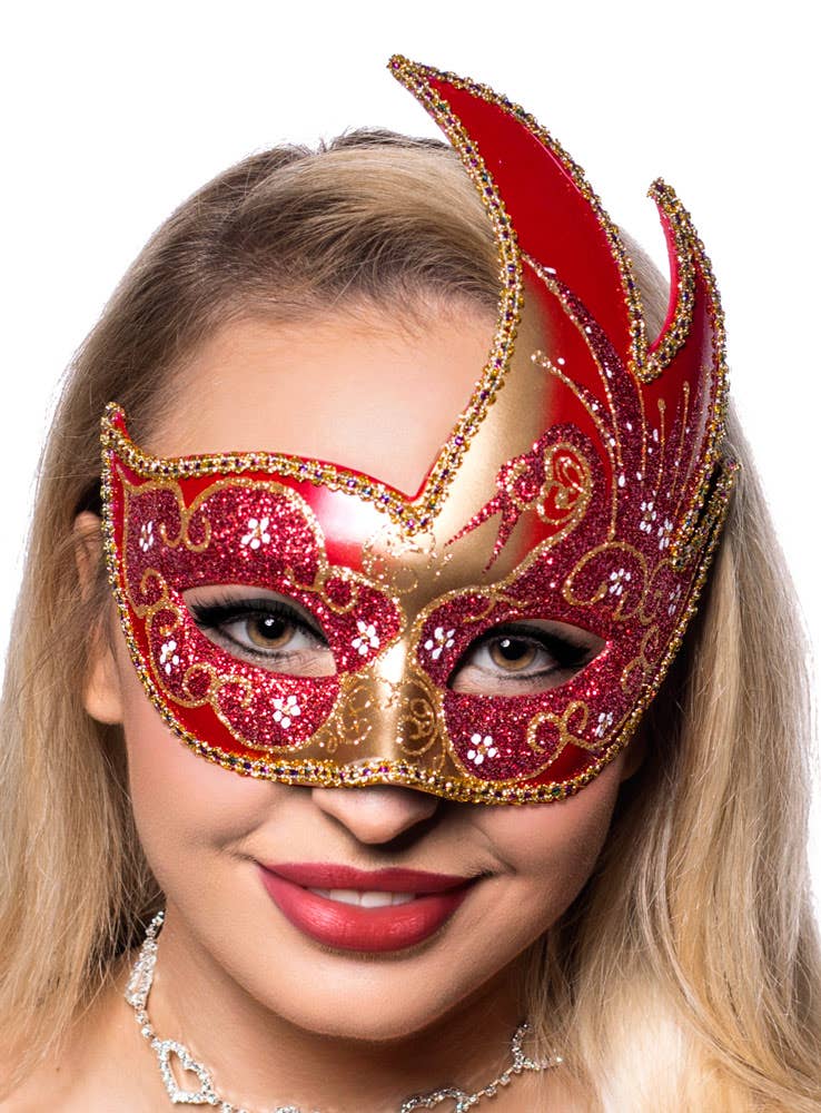 Venetian Swan Red And Gold Glitter Masquerade Costume Mask Main View
