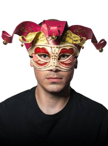 Half Face Red Musical Jester Men's Masquerade Mask Front