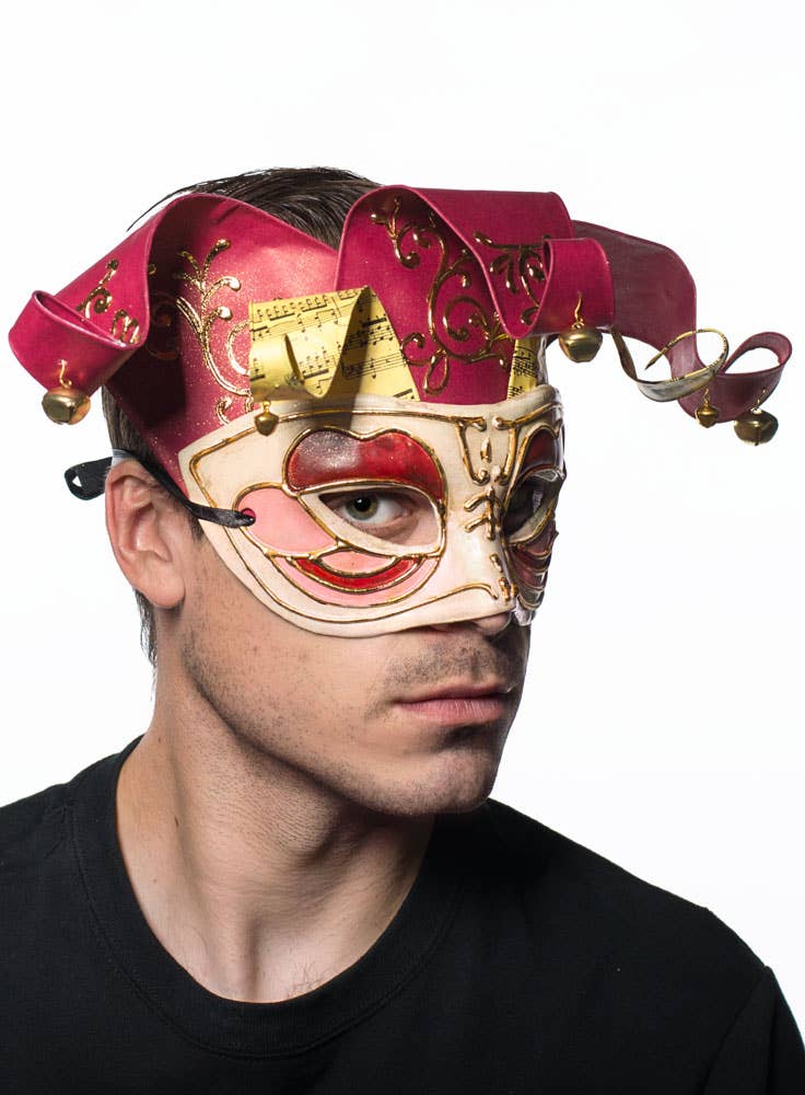 Half Face Red Musical Jester Men's Masquerade Mask Side