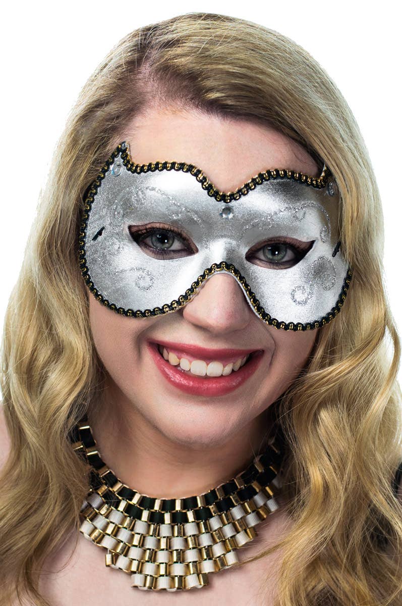 Silver and Black Vinyl Unisex Masquerade Mask Female View