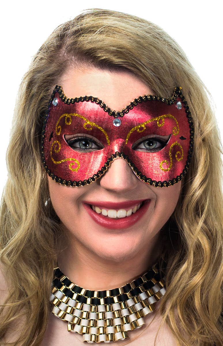 Image of Fancy Red and Gold Vinyl Women's Masquerade Mask