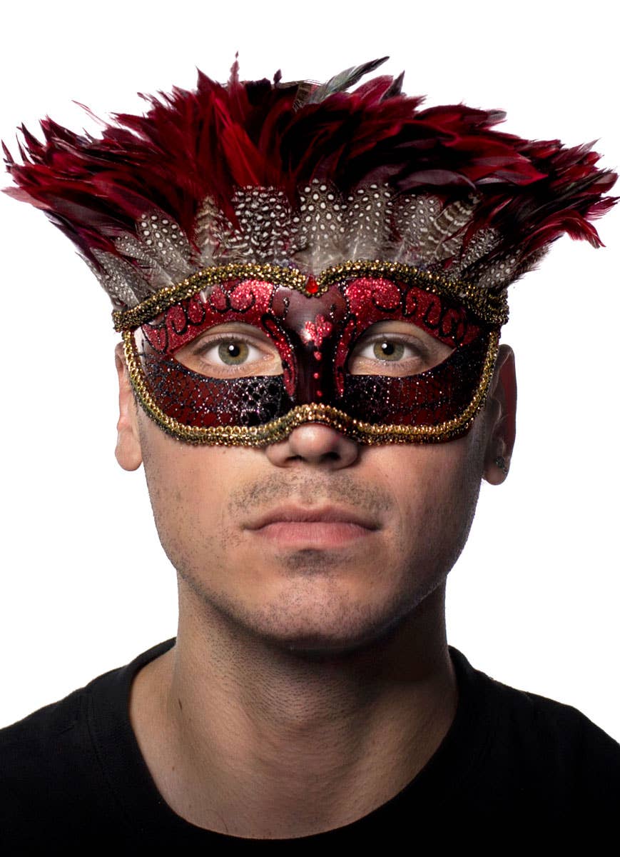 Men's Red Tribal Mystery Feather Masquerade Mask View 1