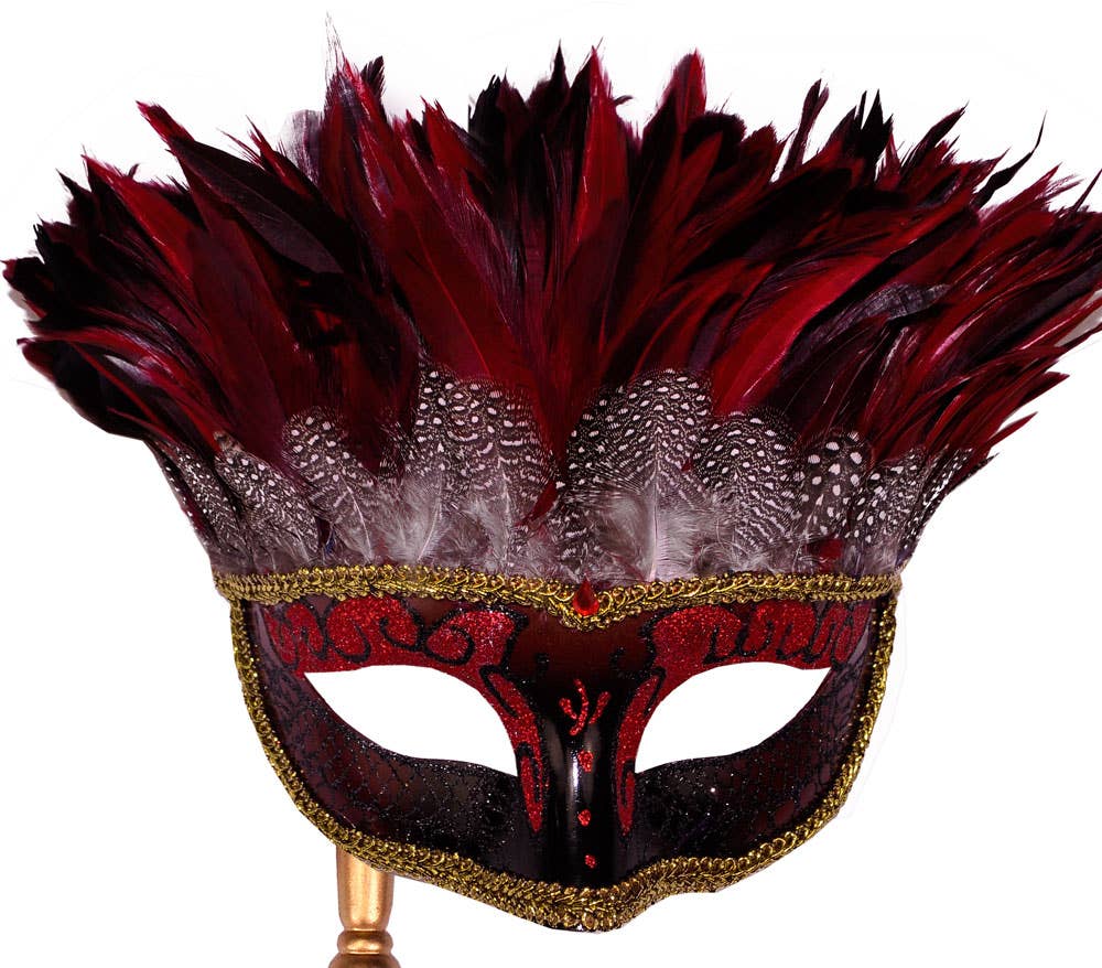 Hand Held Red and Gold Half Face Masquerade Mask with Feathers - Alternative Image 3