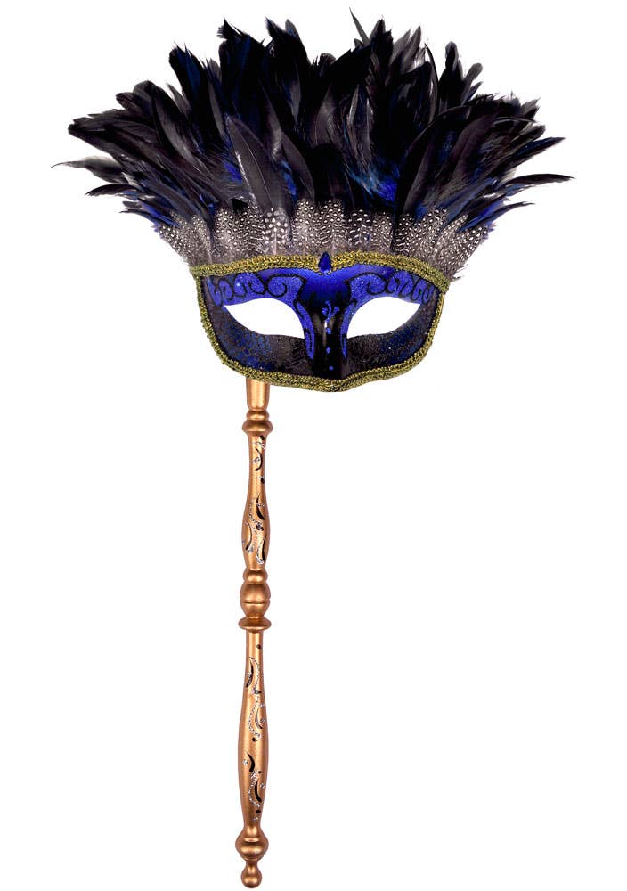 Hand Held Blue and Gold Half Face Masquerade Mask with Feathers - View 3