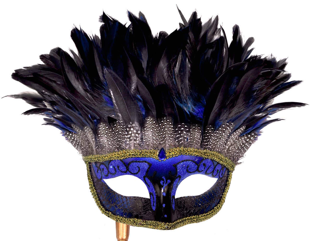 Hand Held Blue and Gold Half Face Masquerade Mask with Feathers - View 2