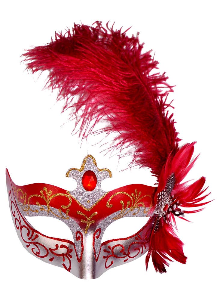 Silver Glitter Masquerade Mask with Red & Gold Swirls and Side Feathers View 2