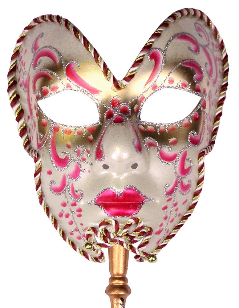 5 Pack Women's Pink Volto Hand Held Venetian Mask Close Image