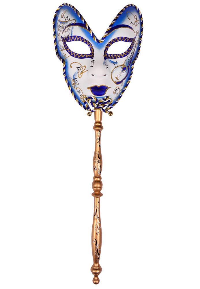 Hand Held Blue And White Volto Masquerade Mask Full Image