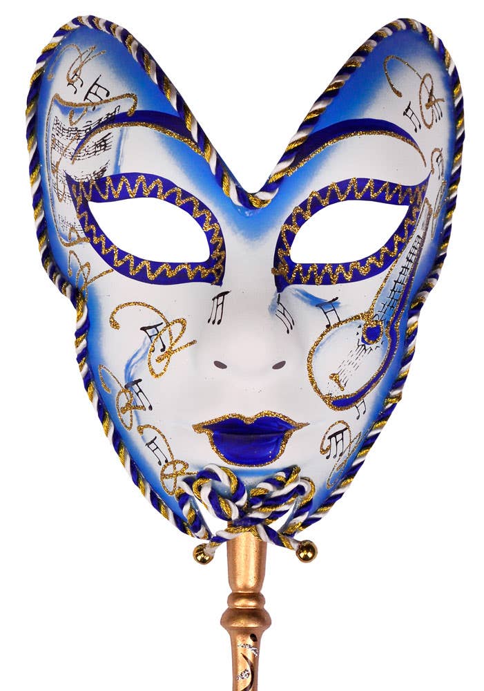 Hand Held Blue And White Volto Masquerade Mask Close Up