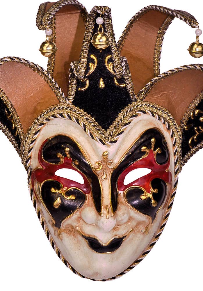 Black And Cream Deluxe Full Face Jester Masquerade Mask Close View