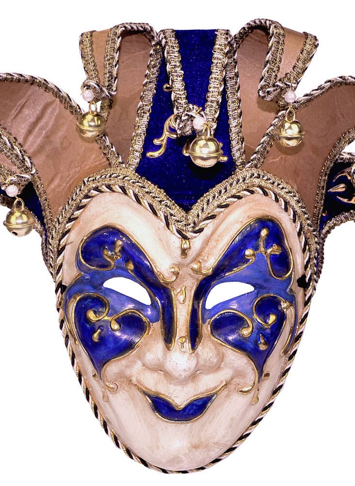 Adults Blue And Gold Full Face Jester Masquerade Mask Close Image