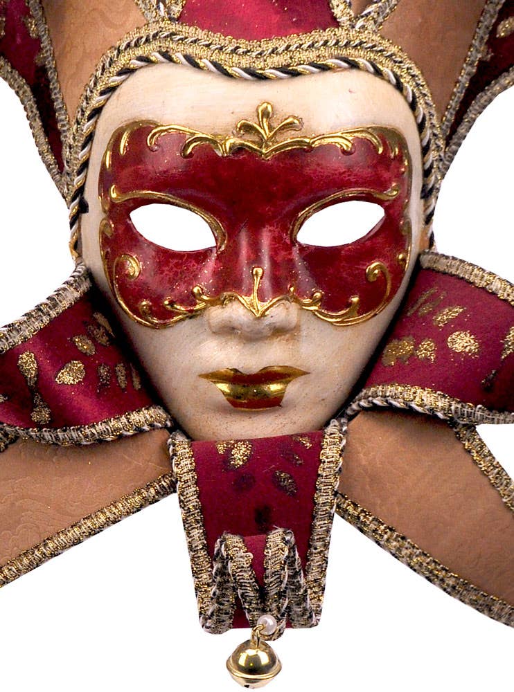 Full Face Women's Deluxe Red Jester Venetian Mask Close Image