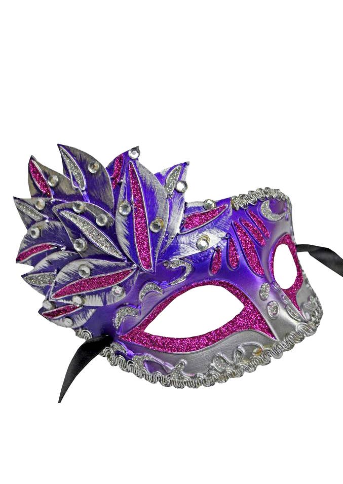 Purple And Silver Women's Side Overlay Masquerade Mask Side Image
