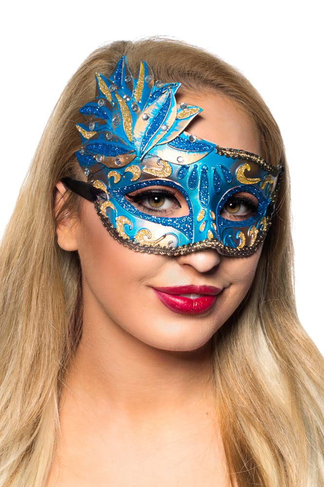 Blue And Gold Women's Side Overly Masquerade Mask Main Image
