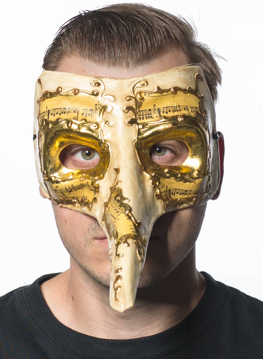 Cream and Gold Men's Long Nose Music Notes Masquerade Mask Front