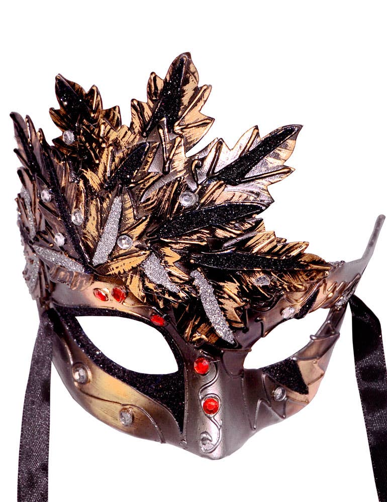 Bronze and Silver Autumn Leaves Mens Masquerade Mask - Close View