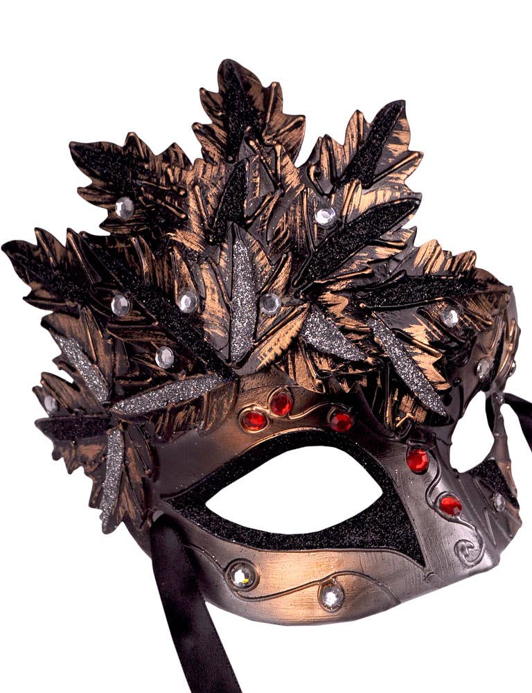 Bronze and Silver Autumn Leaves Mens Masquerade Mask - Side Close View