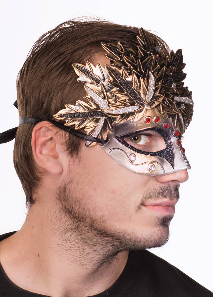 Bronze and Silver Autumn Leaves Mens Masquerade Mask - Alt Side View