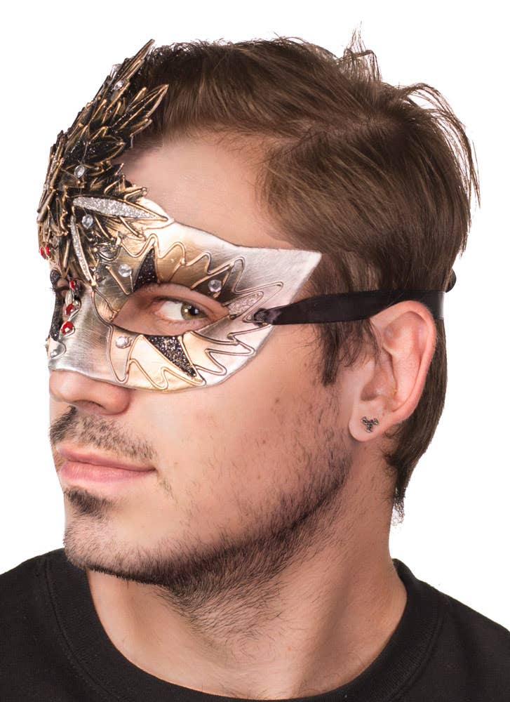 Bronze and Silver Autumn Leaves Mens Masquerade Mask - Side View