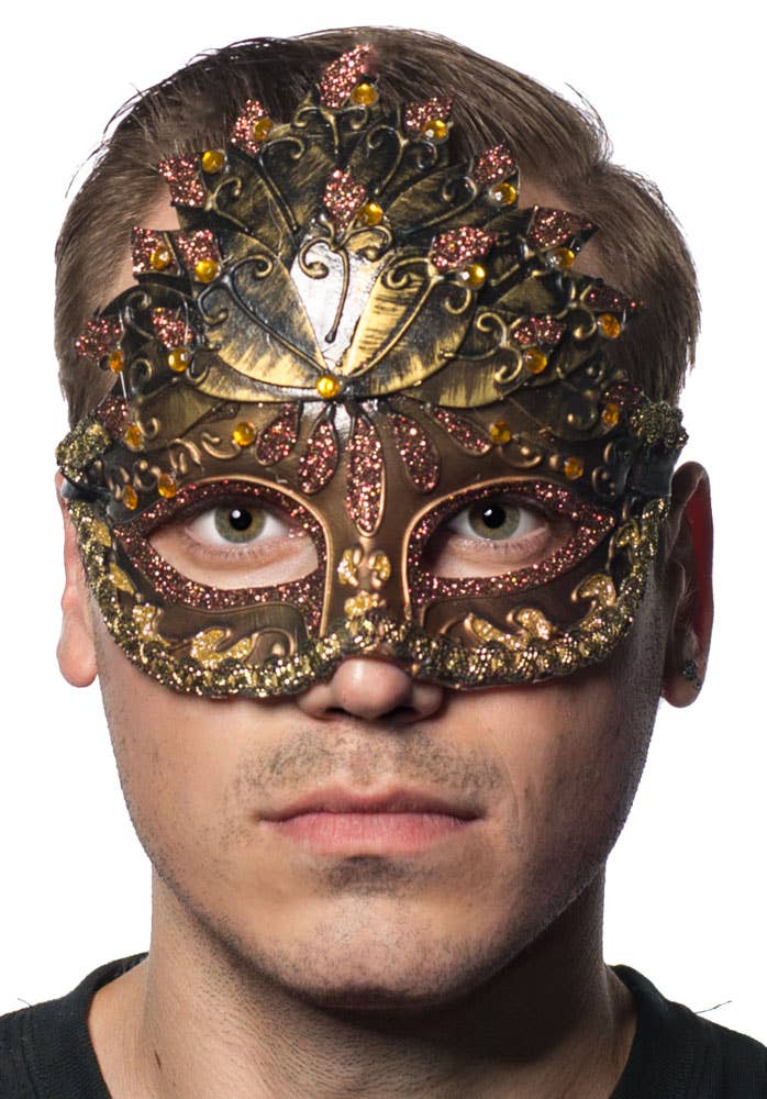 Men's Copper And Bronze Center Overlay Venetian Mask - Main Image