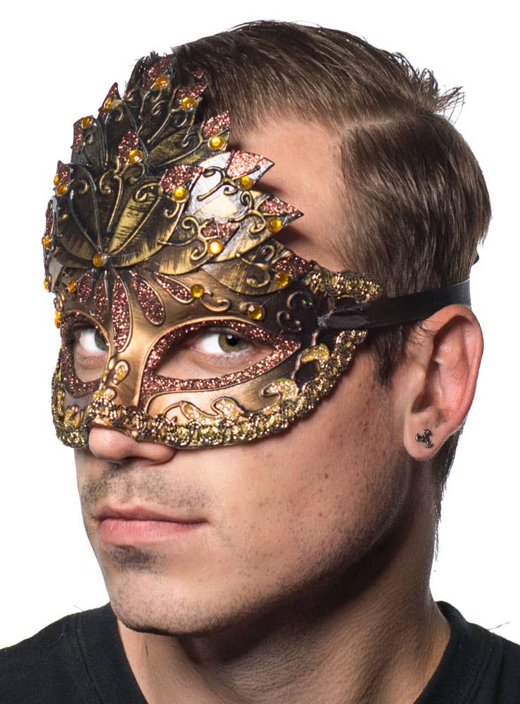 Men's Copper And Bronze Center Overlay Venetian Mask - Side Image