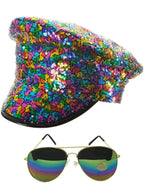 Image of Rainbow Sequin Mardi Gras Festival Hat and Glasses Set