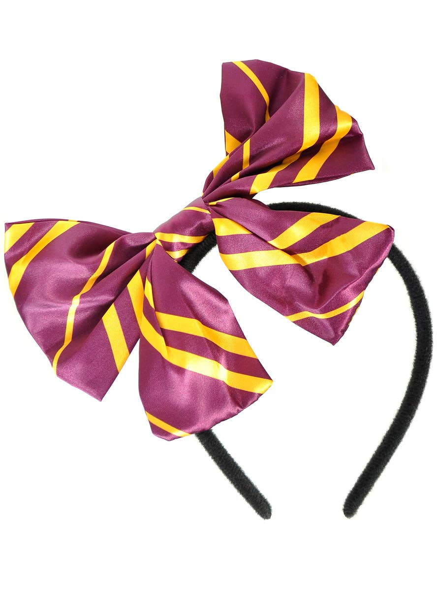 Image of Gryffindor Maroon and Gold Striped Bow on Headband - Style Example Image